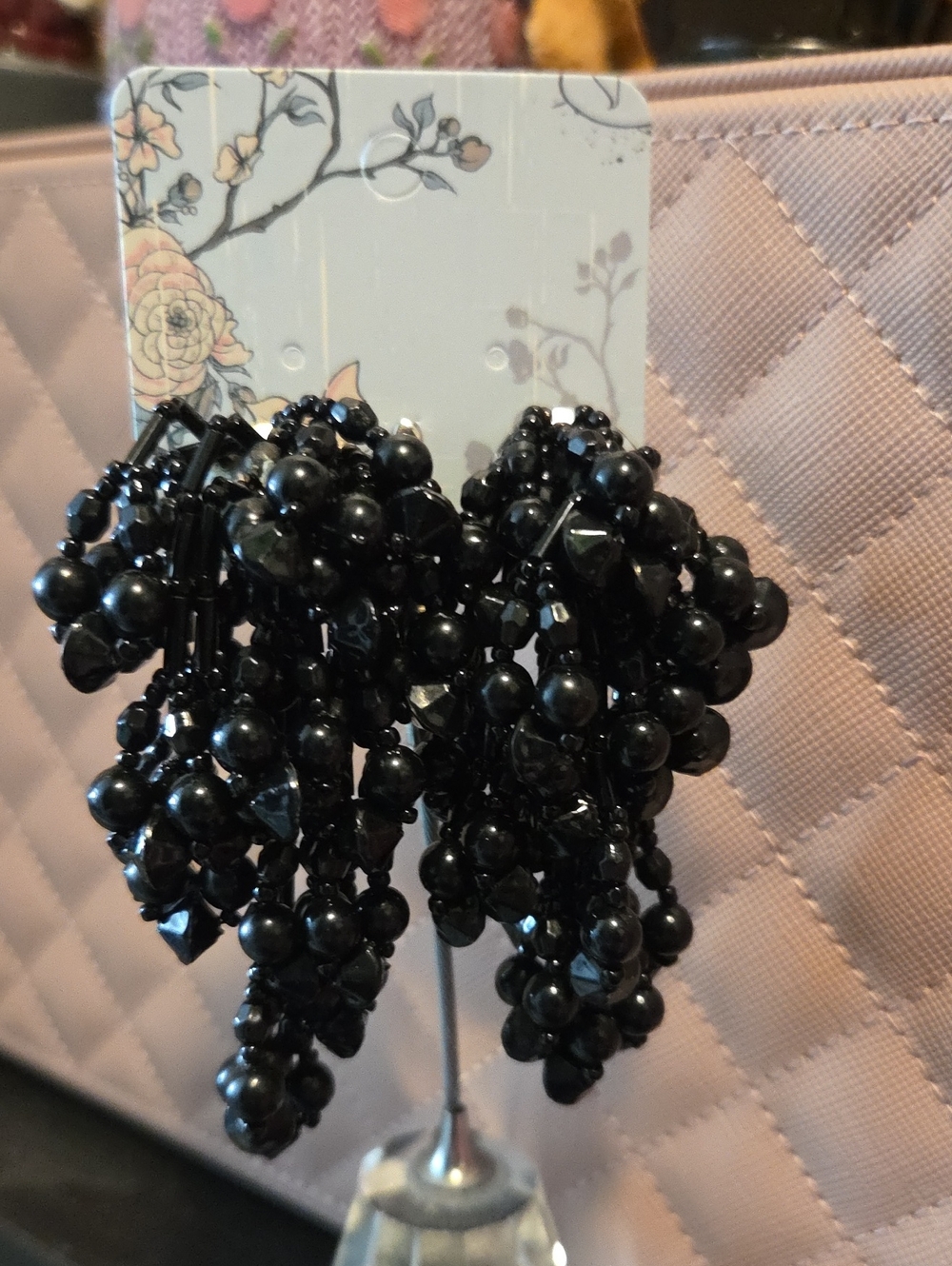 Vintage Clip on Black Beaded Cha Cha Earrings - Women Jewelry